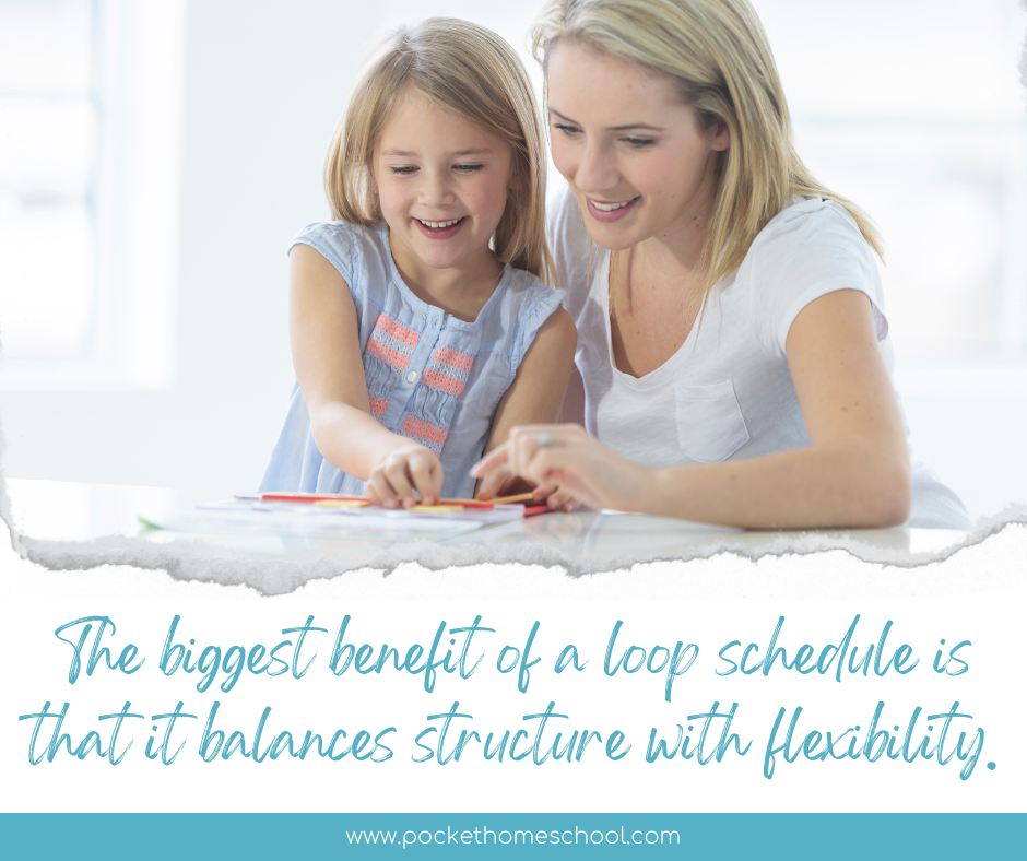 A white woman with blond hair and a young girl with blond hair look together at some kind of game. A white border at the bottom contains teal text that reads "The biggest benefit of a loop schedule is that is balances structure with flexibility."