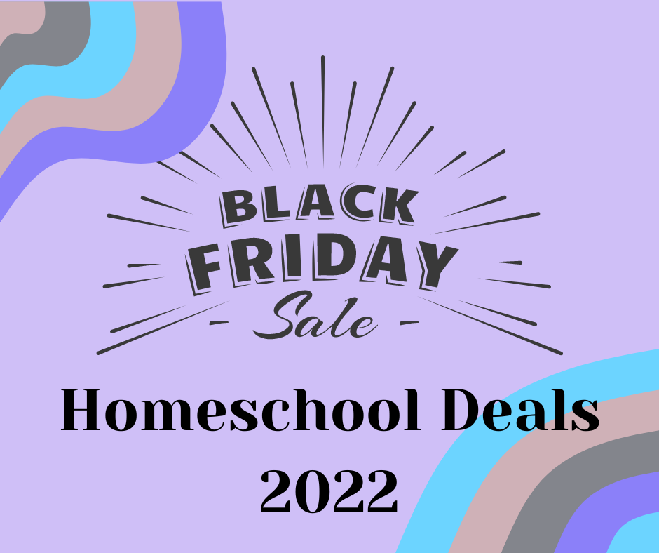 A purple, gray and blue abstract design with the words Black Friday Sale surrounded by streaked lines and the words "Homeschool Deals 2022" 