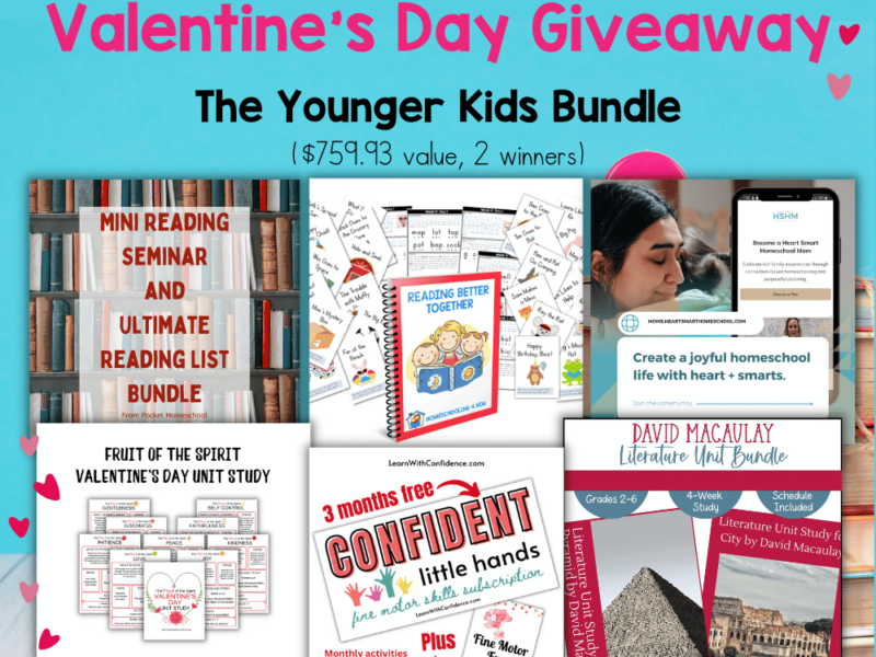 These podcasts for Valentine's Day will have your kids laughing, learning, and loving on this February holiday! Image shows prizes for the younger kids bundle valentine's day giveaway.