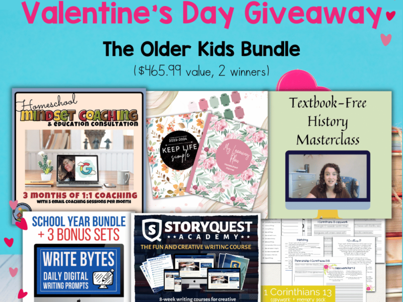 These podcasts for Valentine's Day will have your kids laughing, learning, and loving on this February holiday! Image shows prizes for the Older Kids Bundle Valentine's Day Giveaway 