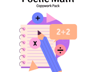 Poetic Math Cover with cartoon drawn pencil, paper, and math elements. This Poetic Math Copywork Pack both explores the feelings that math evokes and how math can be used as a metaphor for the things we experience in life.