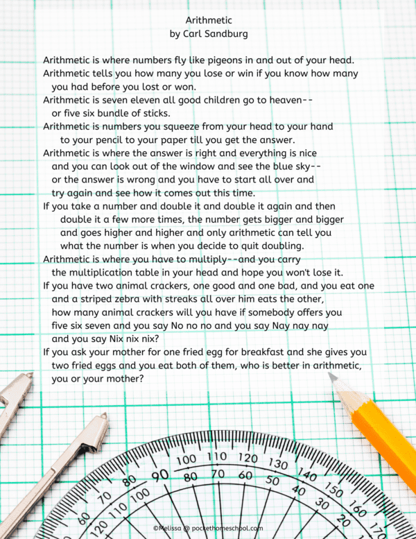 Sample page from Poetic Math with a poem and graph paper and math tools. This Poetic Math Copywork Pack both explores the feelings that math evokes and how math can be used as a metaphor for the things we experience in life.