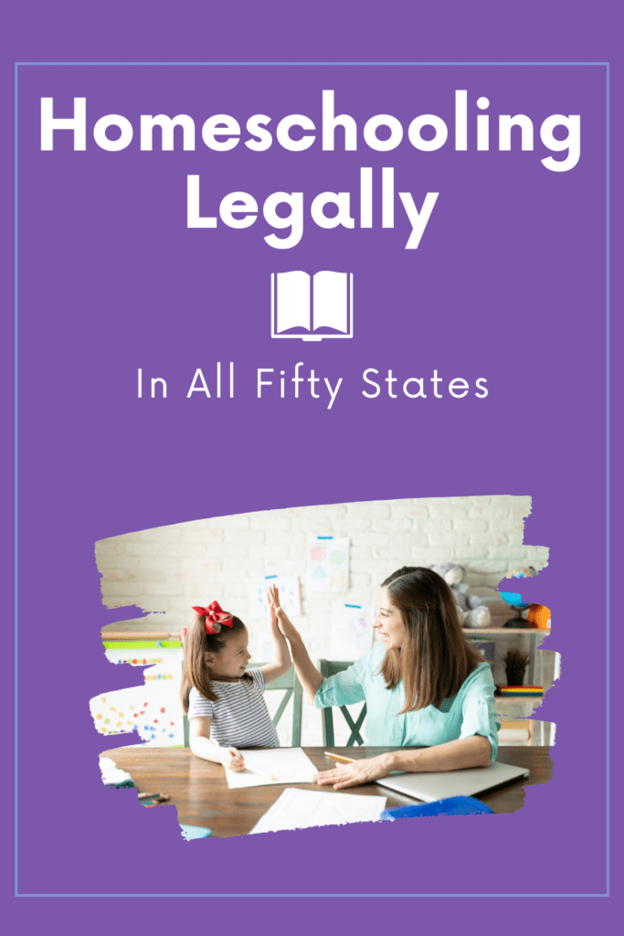 Image is a purple background, with a cut out picture of a woman and a girl high fiving as they sit on a table with schoolwork in front of them. Text on the image reads "Homeschooling Legally in All Fifty States." Are you ready to start homeschooling? Understanding the homeschool law in your state is a good first step when you begin homeschooling.