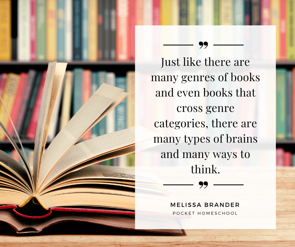 A picture of books, one of them open. The image reads "Just like there are many genres of books and even books that cross genre categories, there are many types of brains and many ways to think." When you have aphantasia, you don't see images in your head. What are some of the ways this could affect homeschooling? 