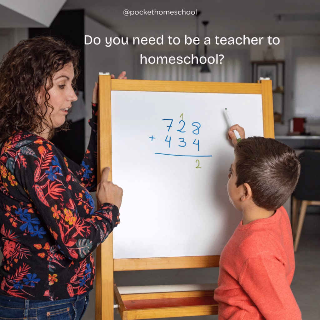 Do you need to be a teacher to homeschool? Homeschool qualifications. Image shows an adult woman and a young boy working on a 3 digit math problem on a white board.