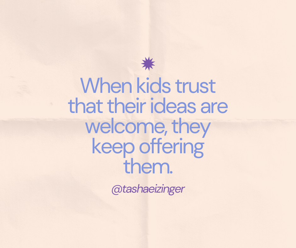 Teaching children brainstorming is a crucial and amazing part of the writing process, as described by Tasha Eizinger in this guest post. The background of this image is a folded piece of paper with the words "When kids trust that their ideas are welcome, they keep offering them." 